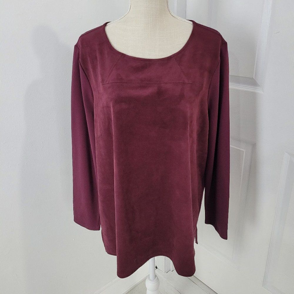 Chicos Top Womens 3P Red Faux Suede Ponte Bordeaux Tunic Side Slits Boho Classy